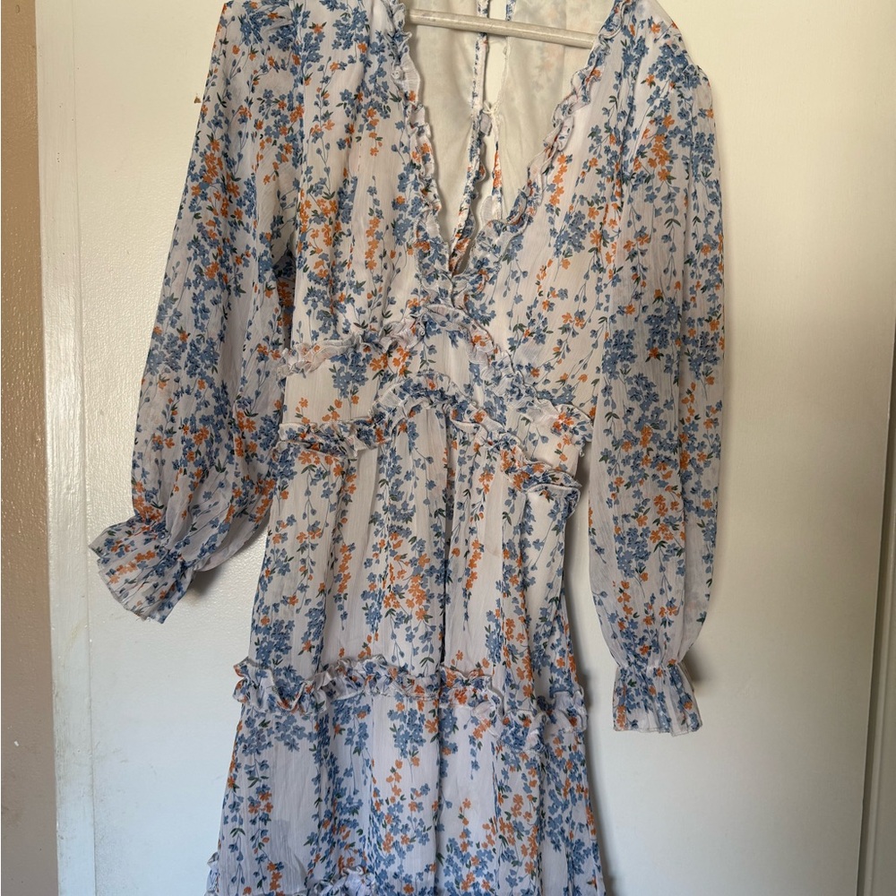 Light Blue Floral Ruffle Midi Dress